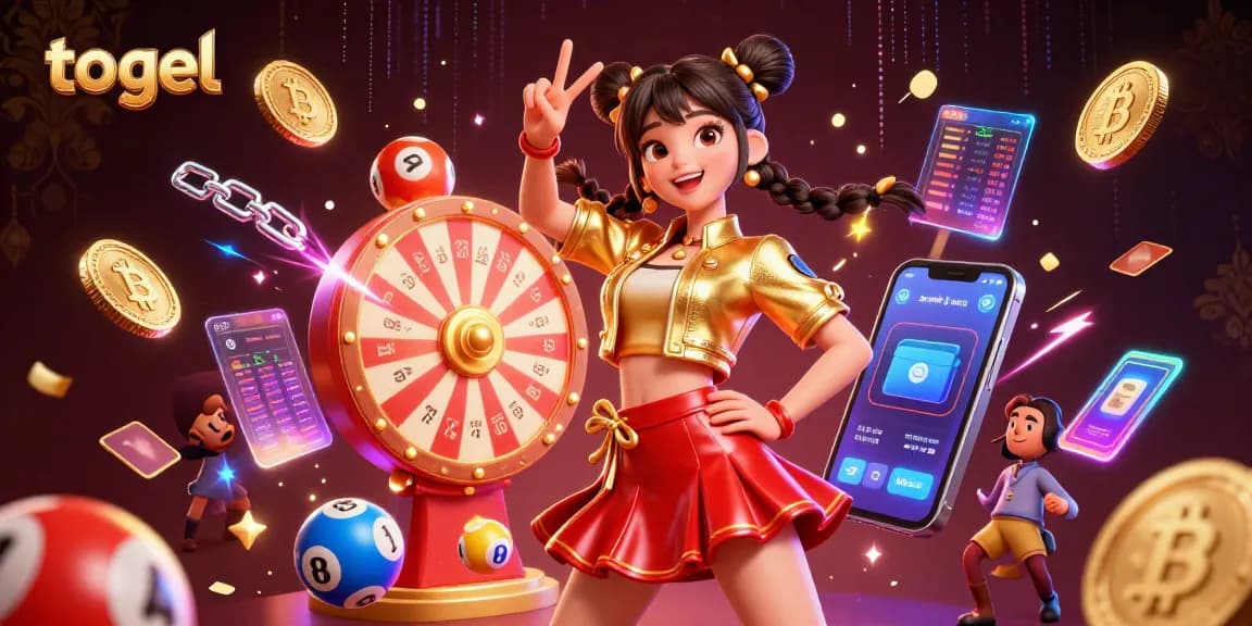 Engage in togel with vibrant lottery elements, a joyful character, and crypto highlights.