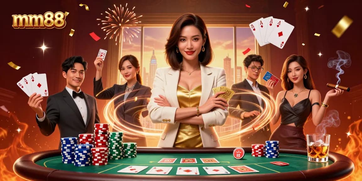 Experience thrilling moments at mm88 casino with a powerful Asian woman holding cards, embodying glamorous success.