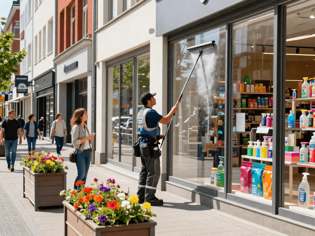 Professionelle Schaufensterreinigung Firma Dortmund zeigt saubere Fenster und freundliche Atmosphäre