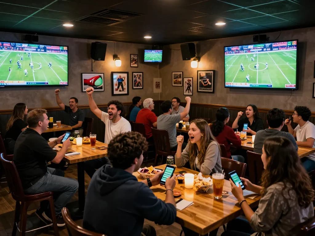 Excited fans watching a match and placing bets with https://nddo.org in a lively sports bar atmosphere