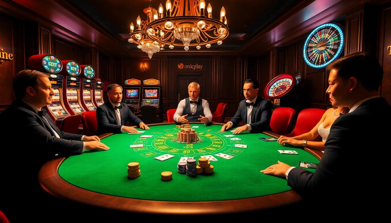 Engaging poker game scene with onicplay branding, showcasing excitement and luxury in a casino atmosphere.