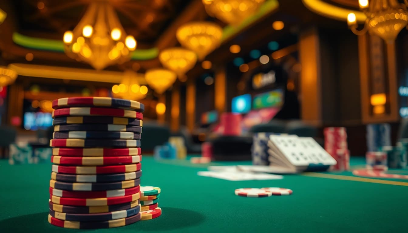 Faszination casino spielen am Spieltisch mit bunten Pokerchips und Karten.