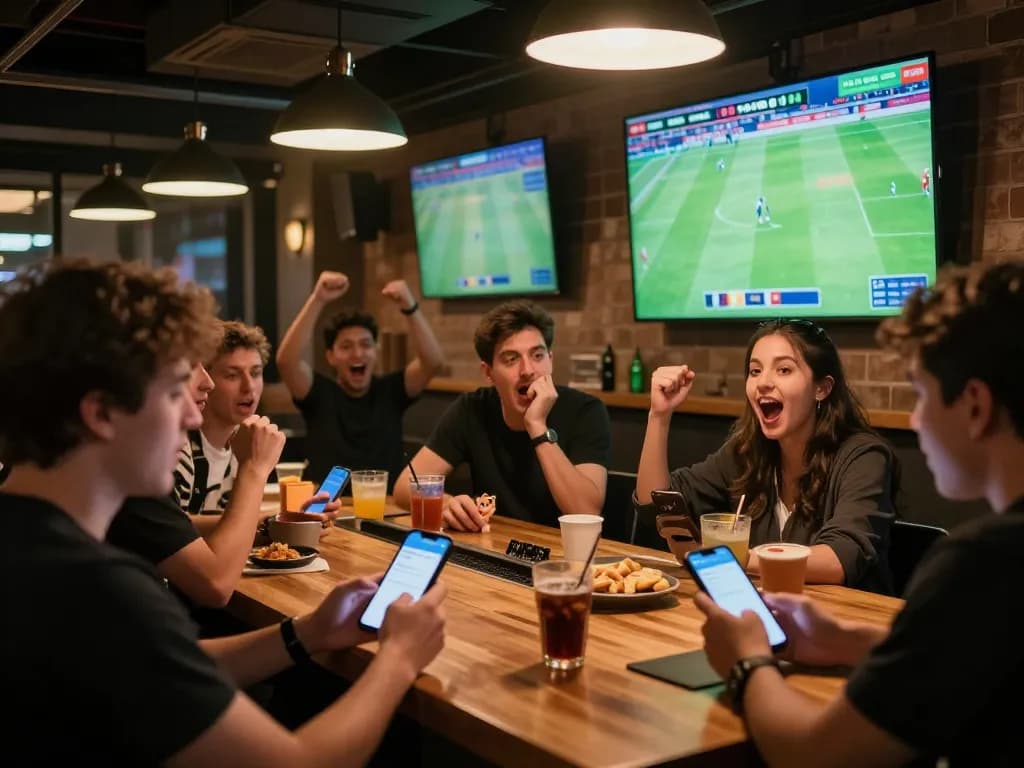 Bongdallu users actively placing bets during a lively soccer match at a sports bar, showcasing excitement and engagement.