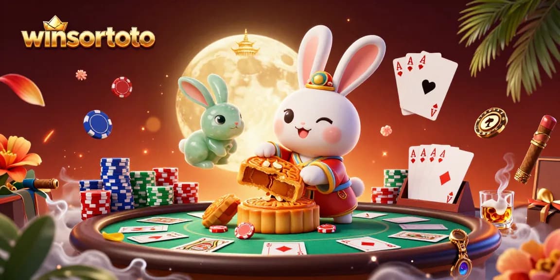 Menangkan hadiah poker di winsortoto dengan kelinci bulan dan koin emas di latar belakang!