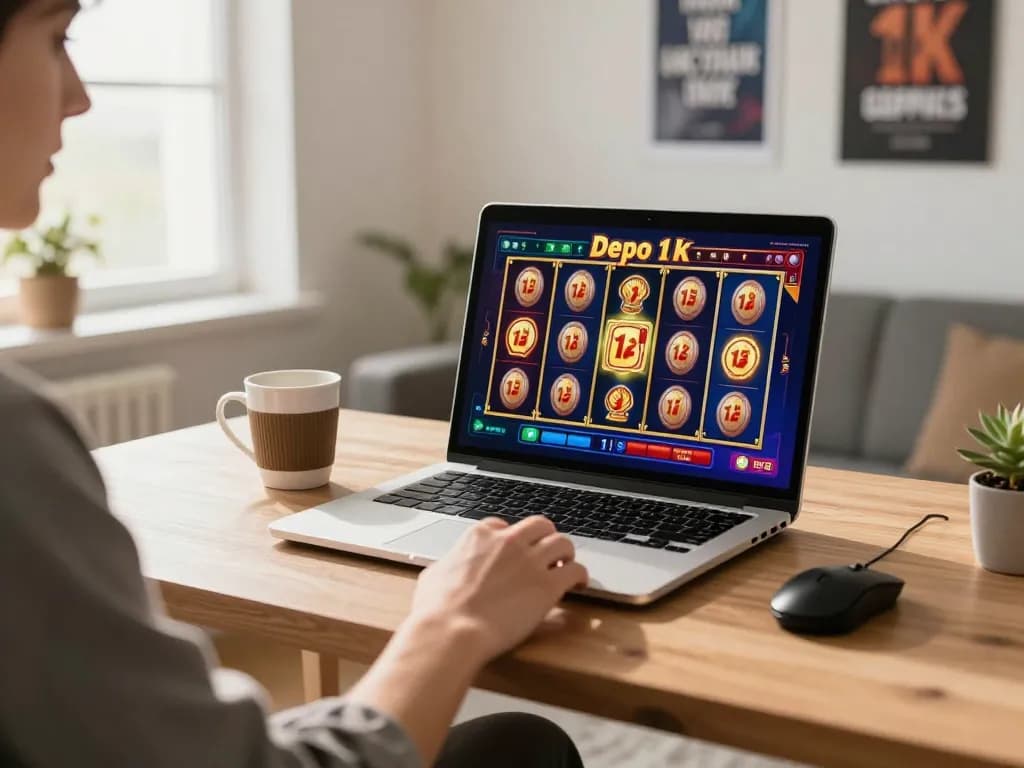 Player engaging with slot depo 1k during online gaming session on laptop with vibrant interface.