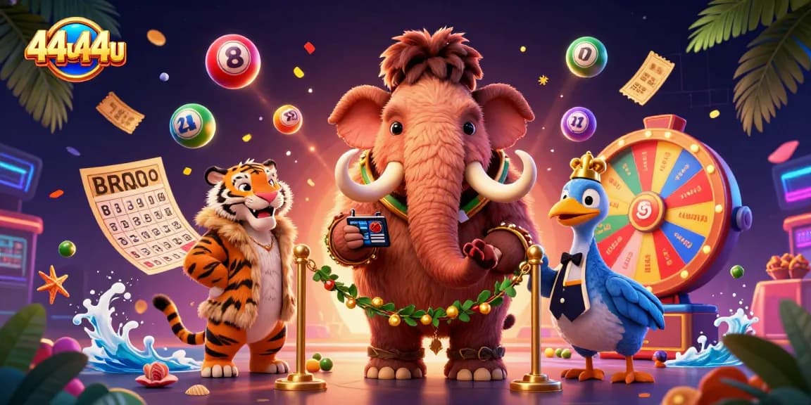 Experience the exciting 44u44u casino scene with colorful lottery elements and vibrant characters.