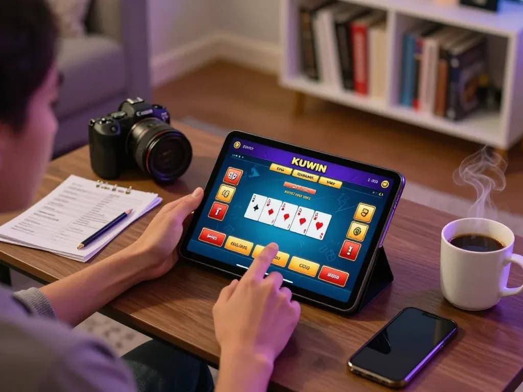 Kuwin player engaging in poker strategy at home using tablet for online casino gaming setup.