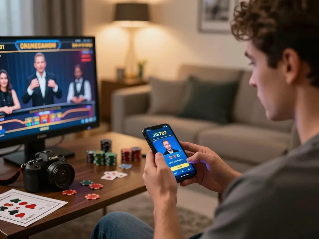 Player engaging with Jili707 mobile app in cozy home setting, showcasing online casino excitement.