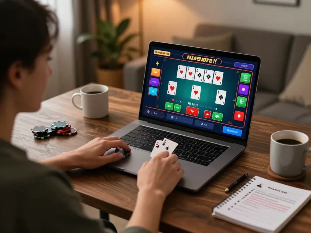 vt88 player enjoying a live dealer blackjack game on a laptop, showcasing engaging online gambling experience