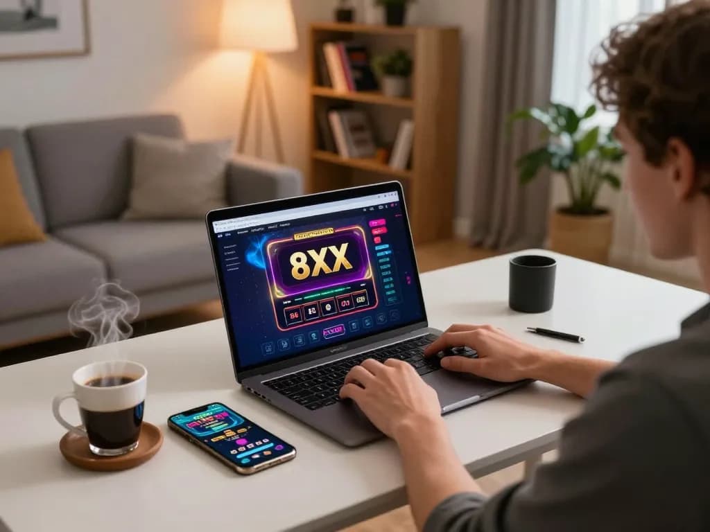 8xx online gambling setup with player using laptop for casino gaming, creating a cozy engaging atmosphere