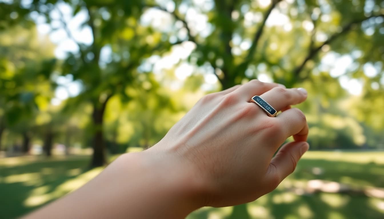 Health Ring showcases wrist technology in a serene park setting with lush greenery.