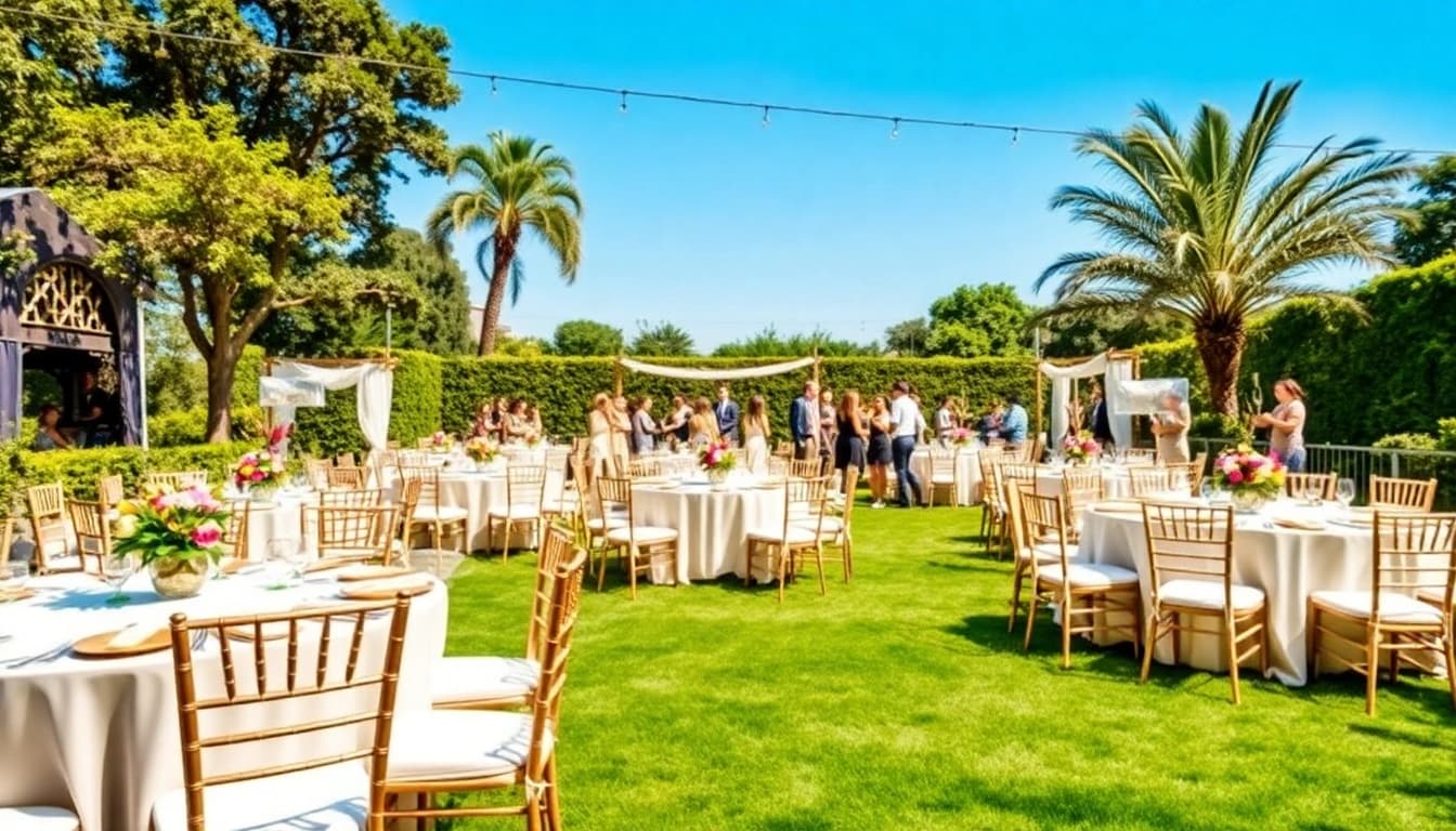 Experience stunning Event Rentals with beautifully arranged tables and chairs for outdoor celebrations.