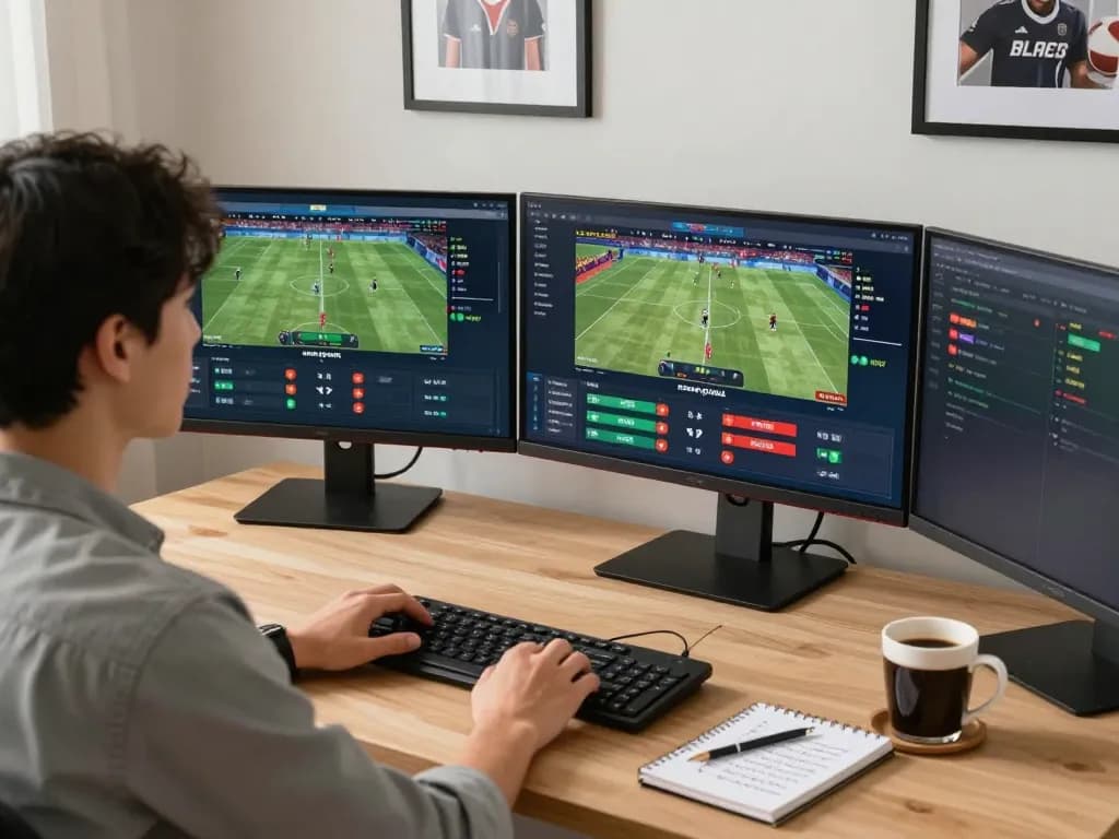 Person engaging in online sports betting with f8beta2 app on multiple screens, showing strategies and excitement.