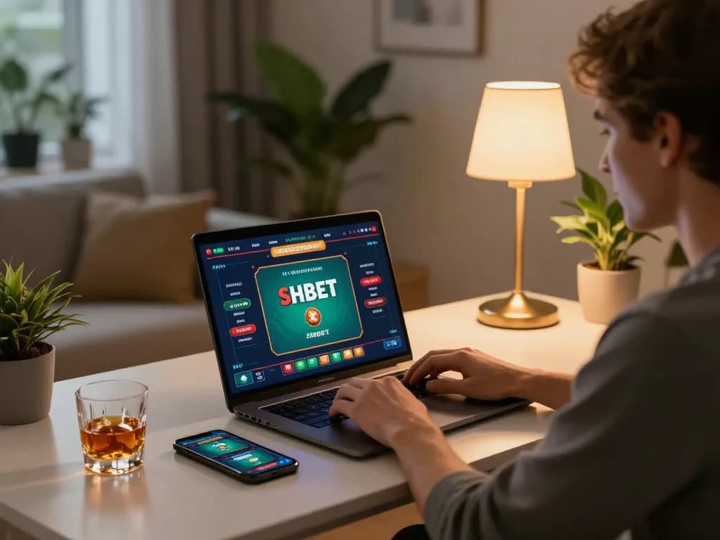 Engaged player using SHBET online casino app on a modern laptop in a cozy home setting