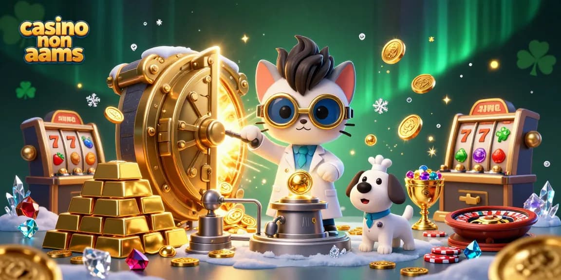 Immergiti nel brivido dei casino non AAMS con personaggi vivaci circondati da slot machine e tesori d'oro.