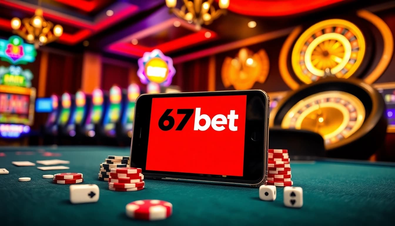 Exciting gaming scene showcasing the 67bet App on a smartphone amidst vibrant casino elements.