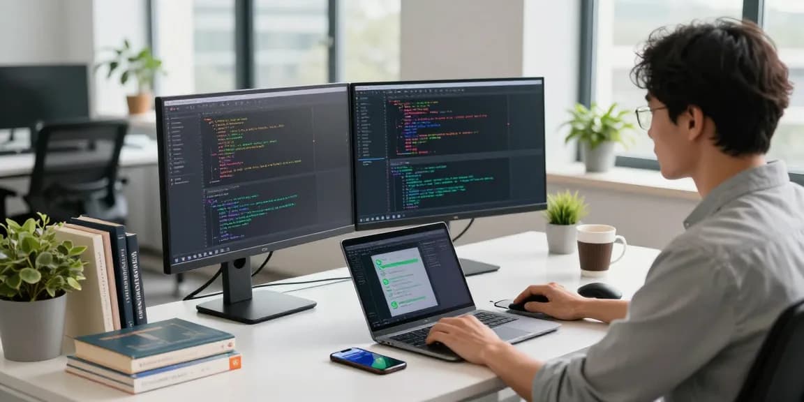 Developer working in a tech office on WhatsApp下載 with dual monitors and coding.