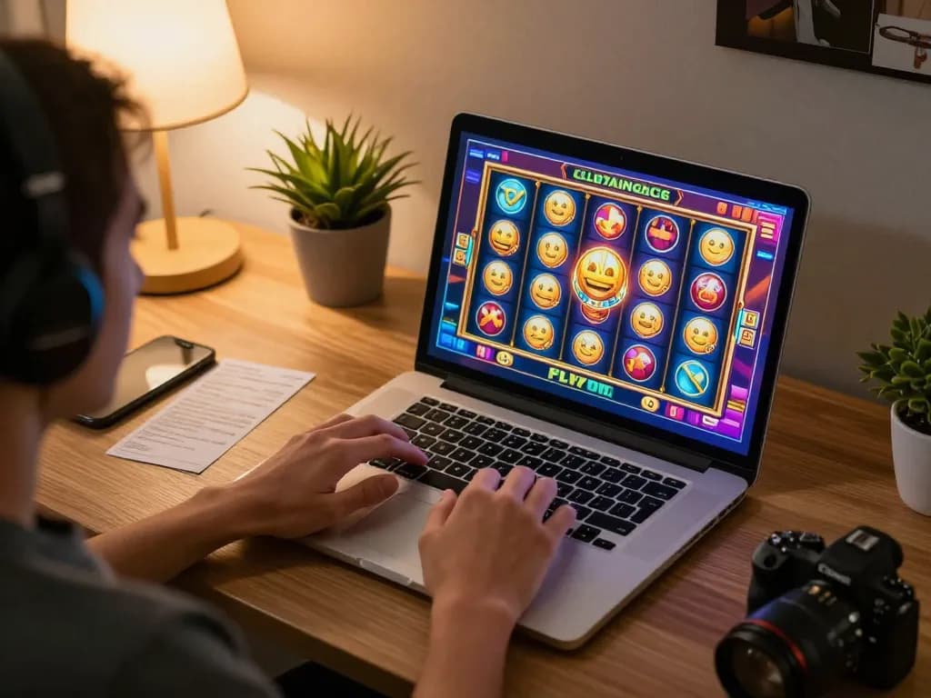 Player engaging with a slot bet 200 online in a cozy home office, laptop screen displaying vibrant slot reels.