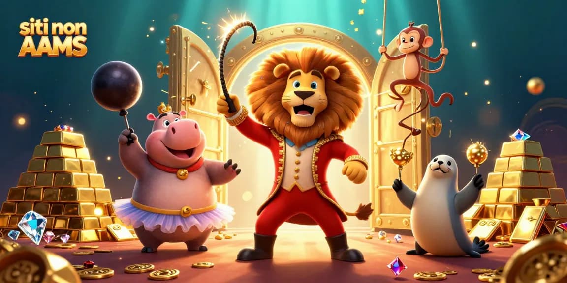 Gioca con i migliori siti non AAMS in un'illustrazione vivace che presenta animali da circo e tesori.