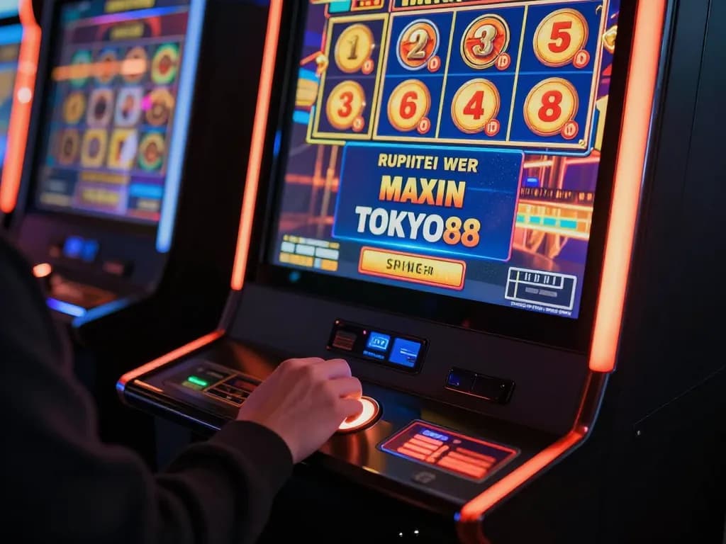 Seorang pemain menikmati permainan slot TOKYO88 dengan penuh semangat, menekan tombol putar di antarmuka permainan online yang cerah