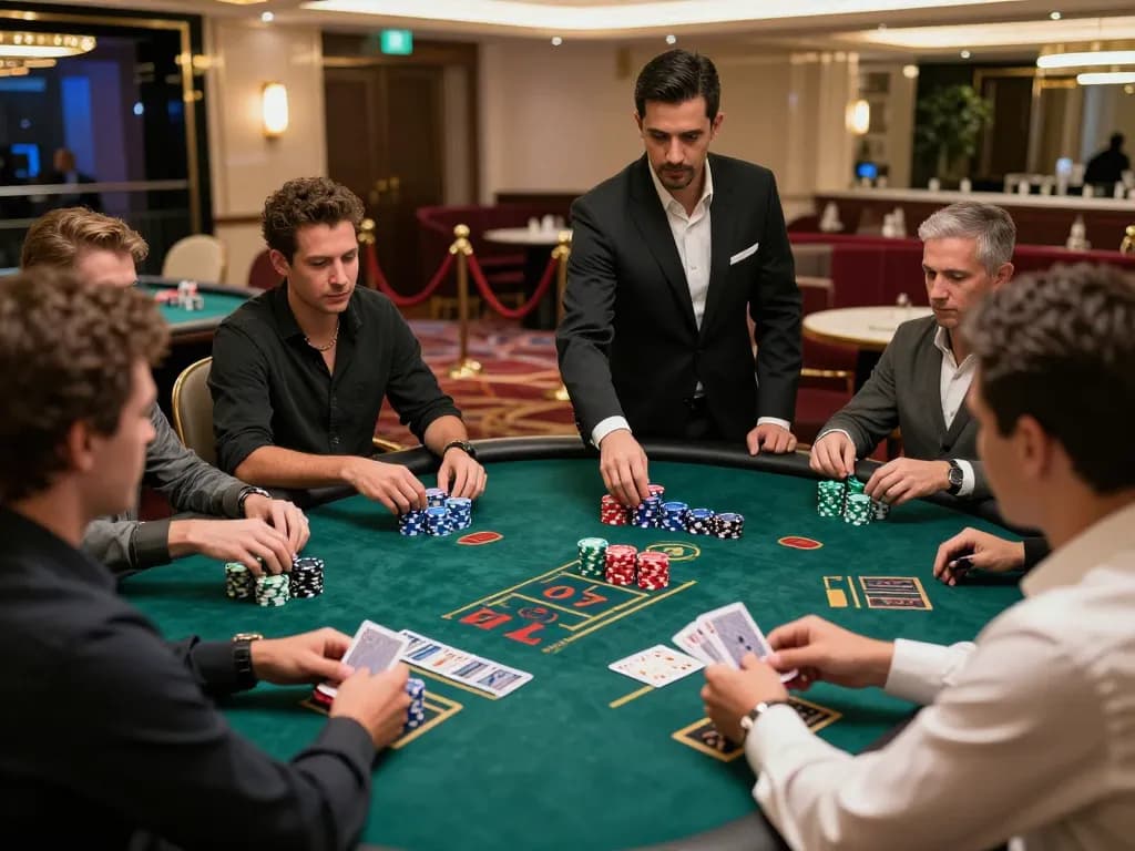 Engaged players at blackjack table showcasing strategies with nhacaiuytinn, vibrant casino lighting, high-stakes atmosphere
