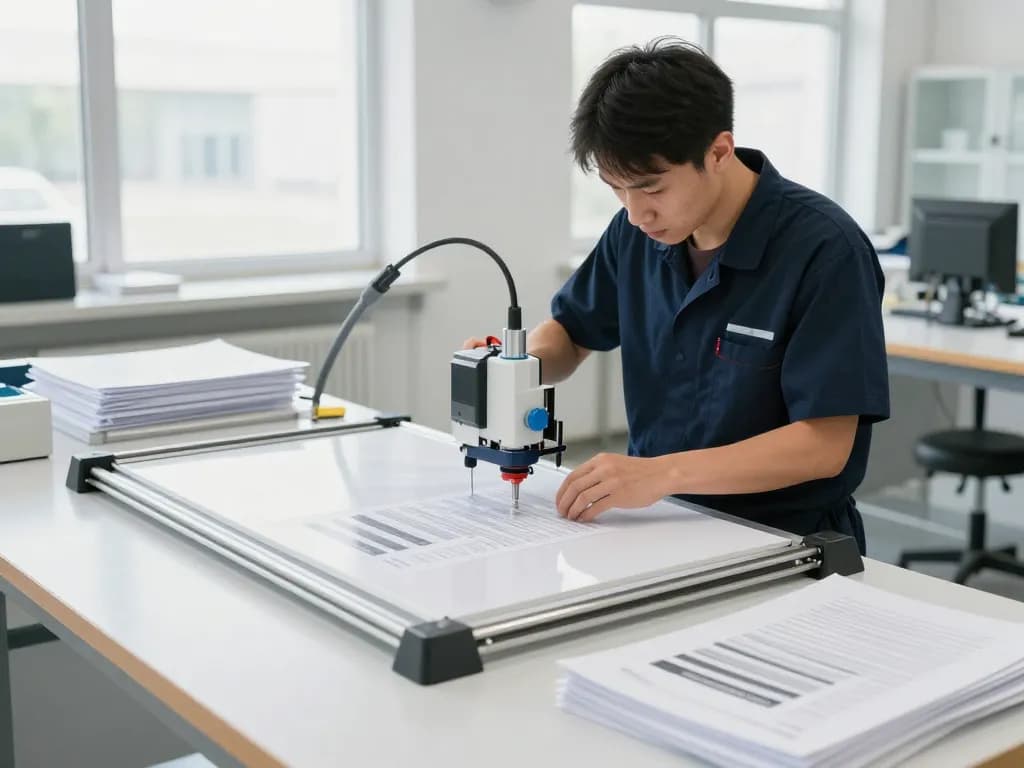 Kỹ thuật viên chuyên nghiệp sử dụng công nghệ không lực để bóc ép plastic trong một xưởng làm việc sáng tỏ