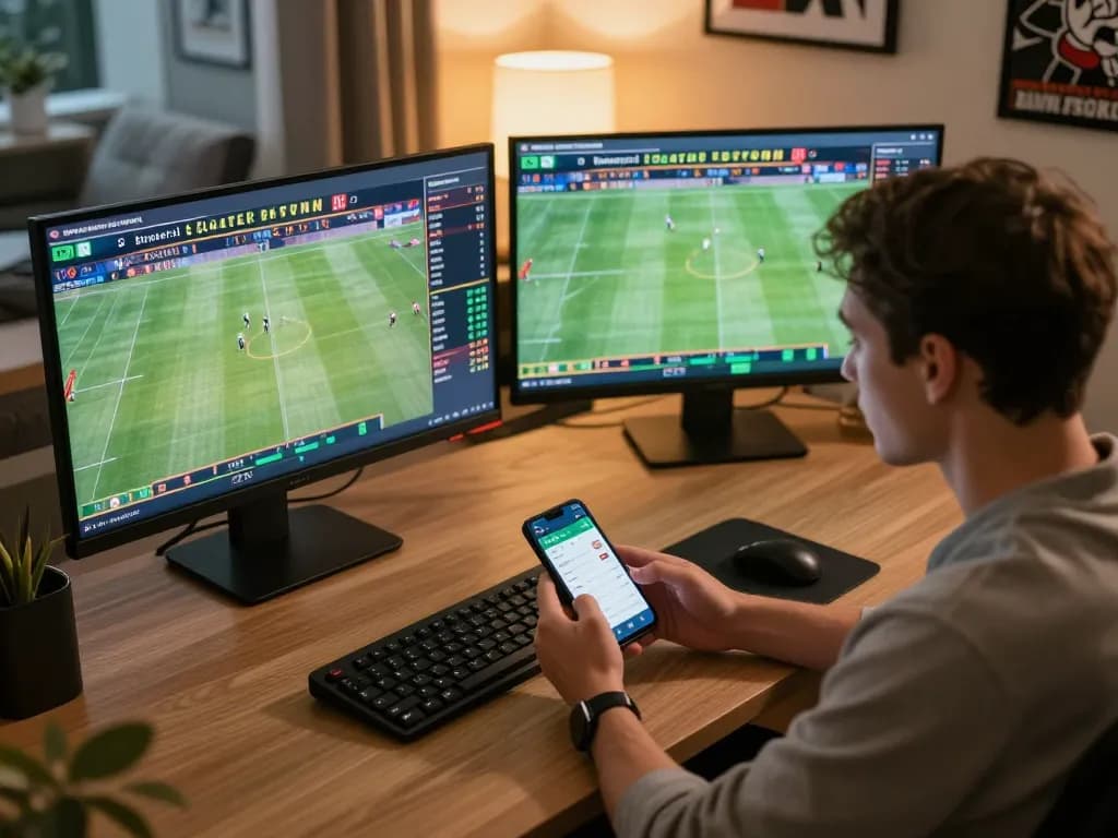 Engaging sports betting scene showcasing a user placing bets on sun win platform in a modern home office.