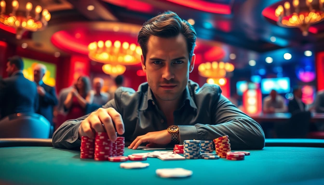 Bermain idn poker di meja kasino dengan suasana mewah dan pemain konsentrasi penuh.