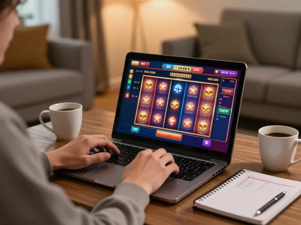 Engaging in online เว็บตรงสล็อต gaming action with vibrant slot interface in a cozy setting.
