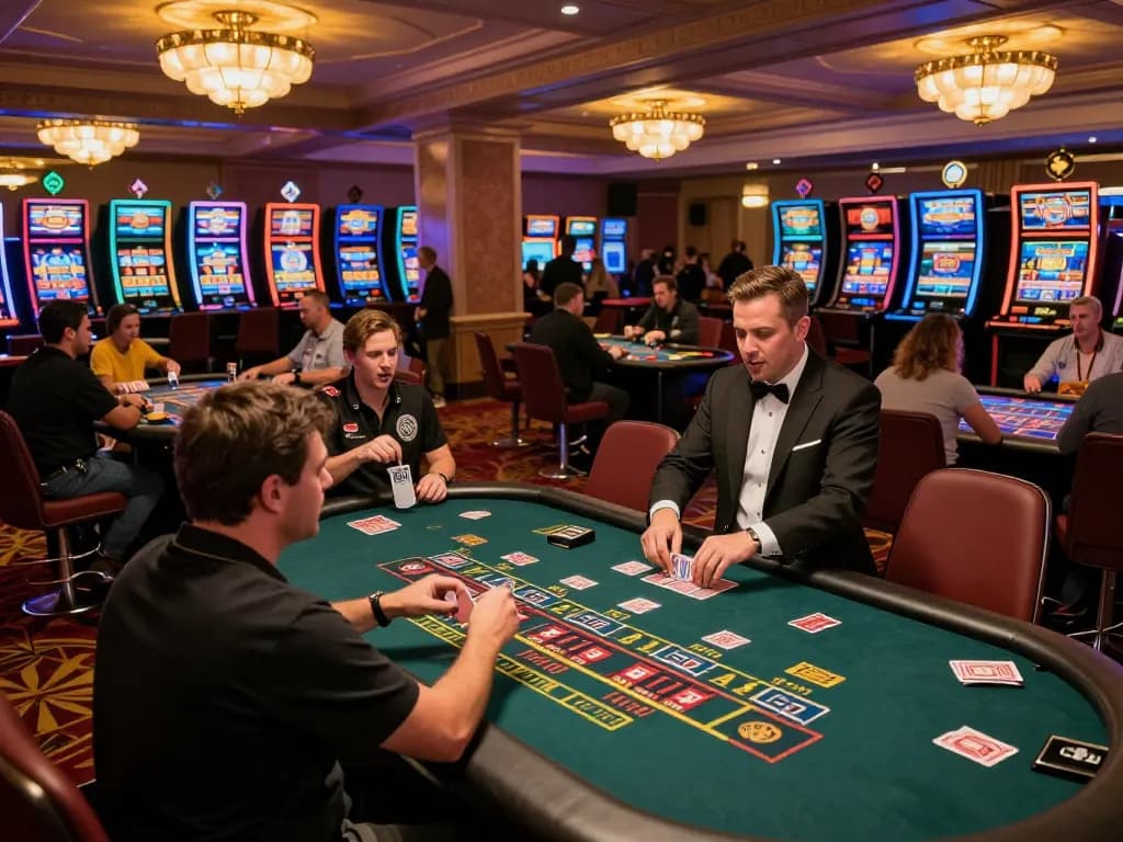Kaisar888 players engaging in strategic gambling at a lively casino with roulette and blackjack tables.