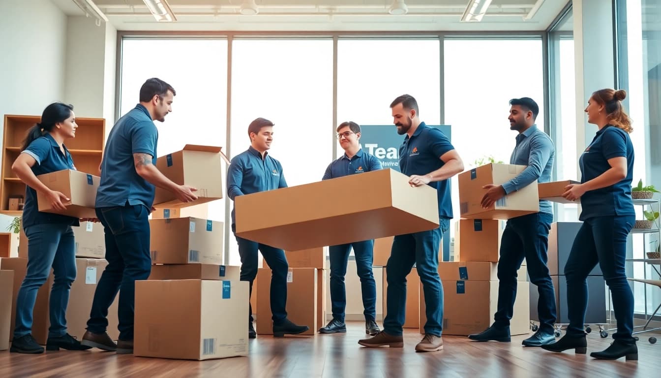 Business movers efficiently relocating an office environment with teamwork.