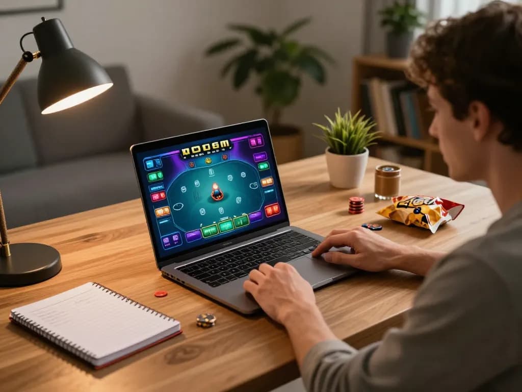 F8BET player engaging in online poker gameplay at home with strategy notes and cozy setup