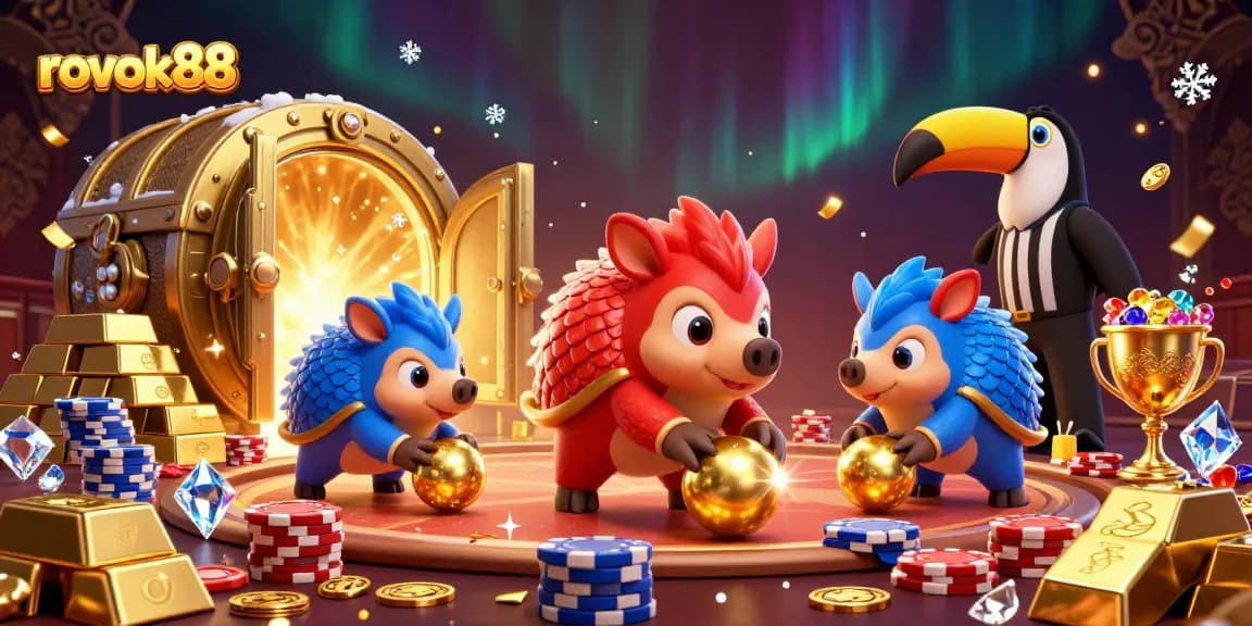rokok88 pangolins compete in a colorful casino scene filled with poker chips and treasures.