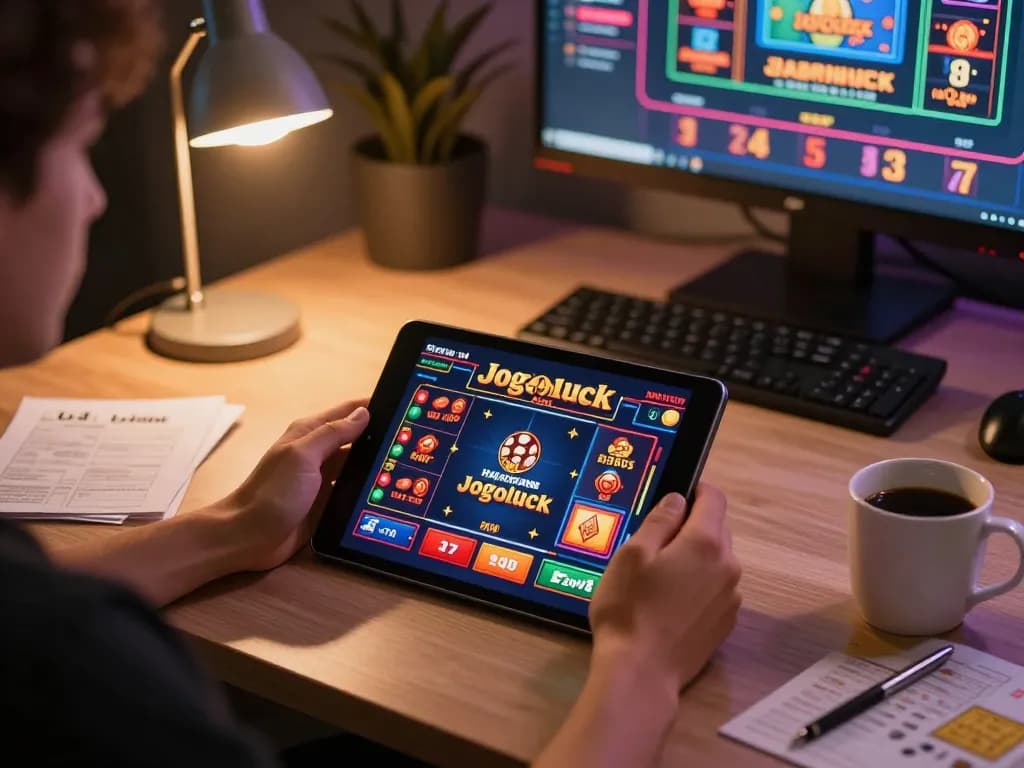 Engaging jogoluck player using tablet for online casino gaming in cozy setting