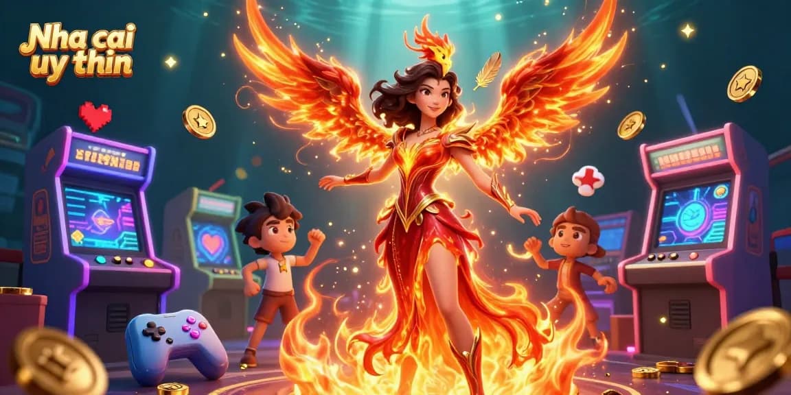 Nha cai uy tin showcases a stunning Asian woman in a fiery gown surrounded by vibrant casino-themed gaming elements.