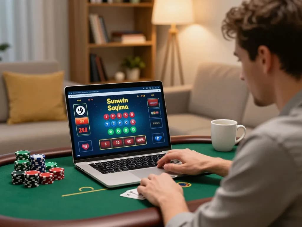 Sunwin casino player actively betting in an online poker game from home, capturing strategic gambling engagement.