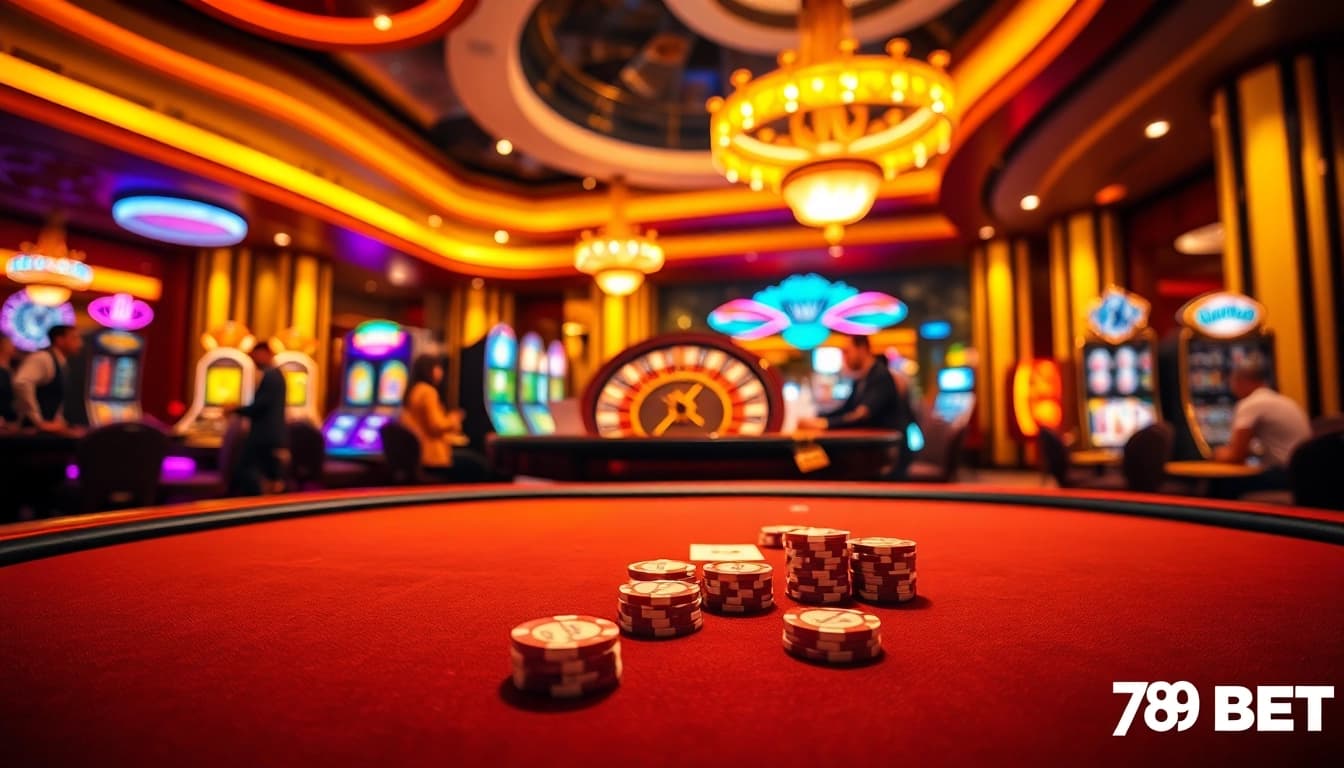 Players engaging in a thrilling poker game at 789 BET casino with vibrant lighting and excitement.