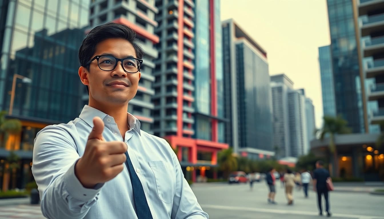 Showcasing new condos at https://newdeveloperlaunch.sg with a professional real estate agent in a modern Singapore setting.