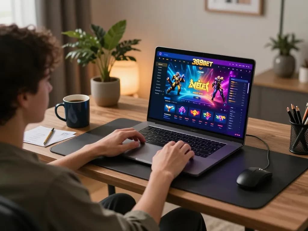 Engaging gameplay on 388bet casino interface displayed on laptop in a cozy home setup