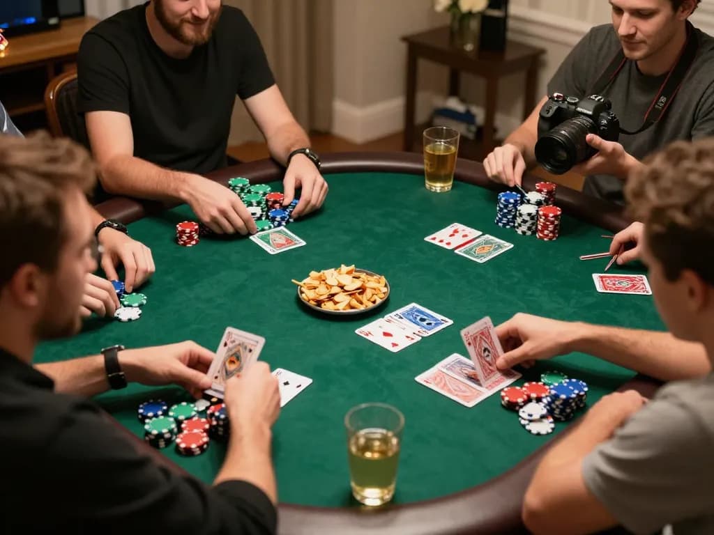 Friends playing poker at home, showcasing their competitive spirit with chips and cards, representing DH88 gaming experience.