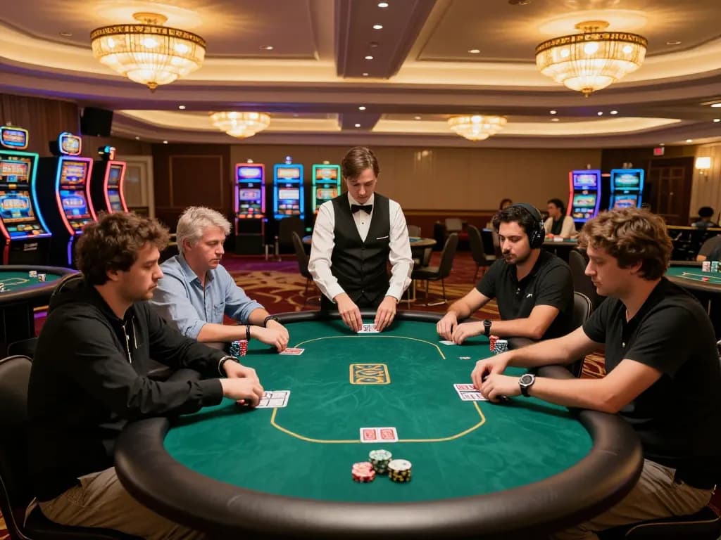 Experience thrilling poker gameplay at Manclub with focused players in a luxurious casino setting.