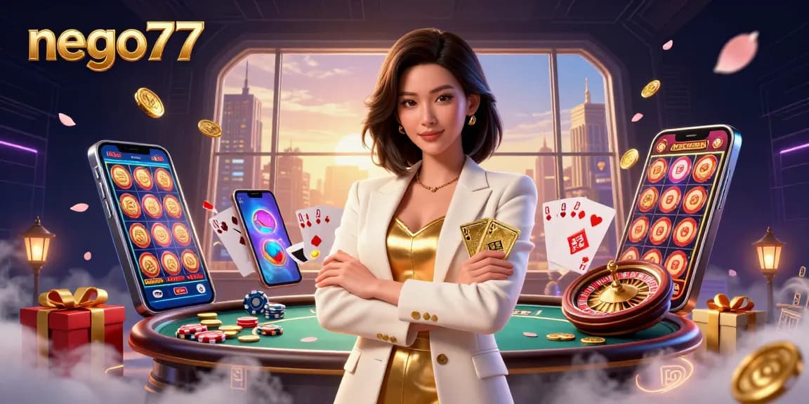 Nego77 showcases an elegant Asian woman confidently playing in a vibrant casino scene with dynamic slot games.