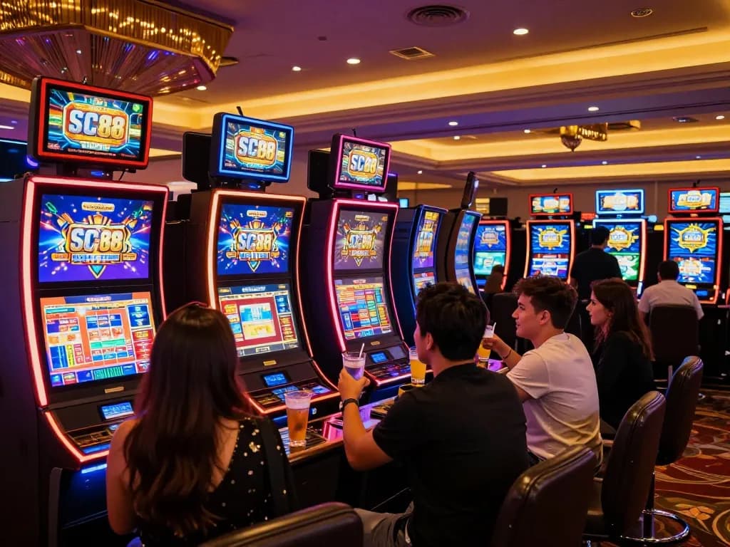 Players enjoying vibrant SC88 slot machines in a lively casino atmosphere with dynamic lighting.
