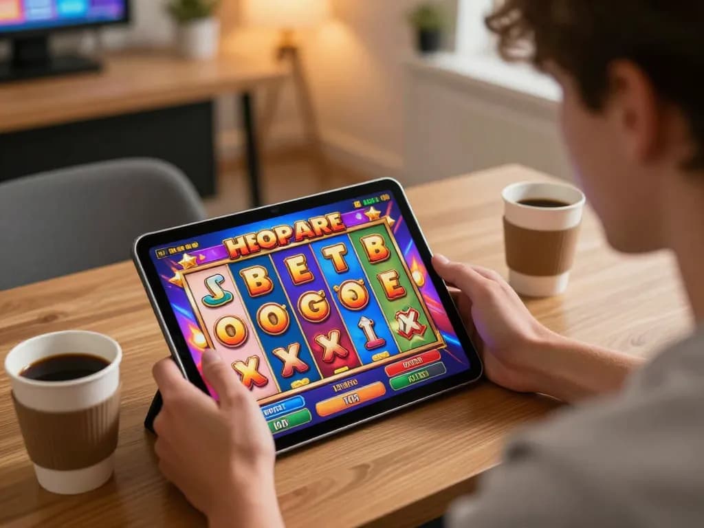 Pemain menikmati permainan slot mau777 di tablet, menunjukkan gulungan yang hidup dan pengalaman bermain game online yang imersif.