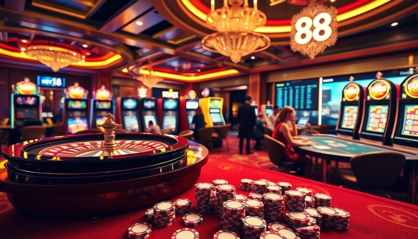 Players enjoying a dynamic game at new88 casino with roulette and poker tables.