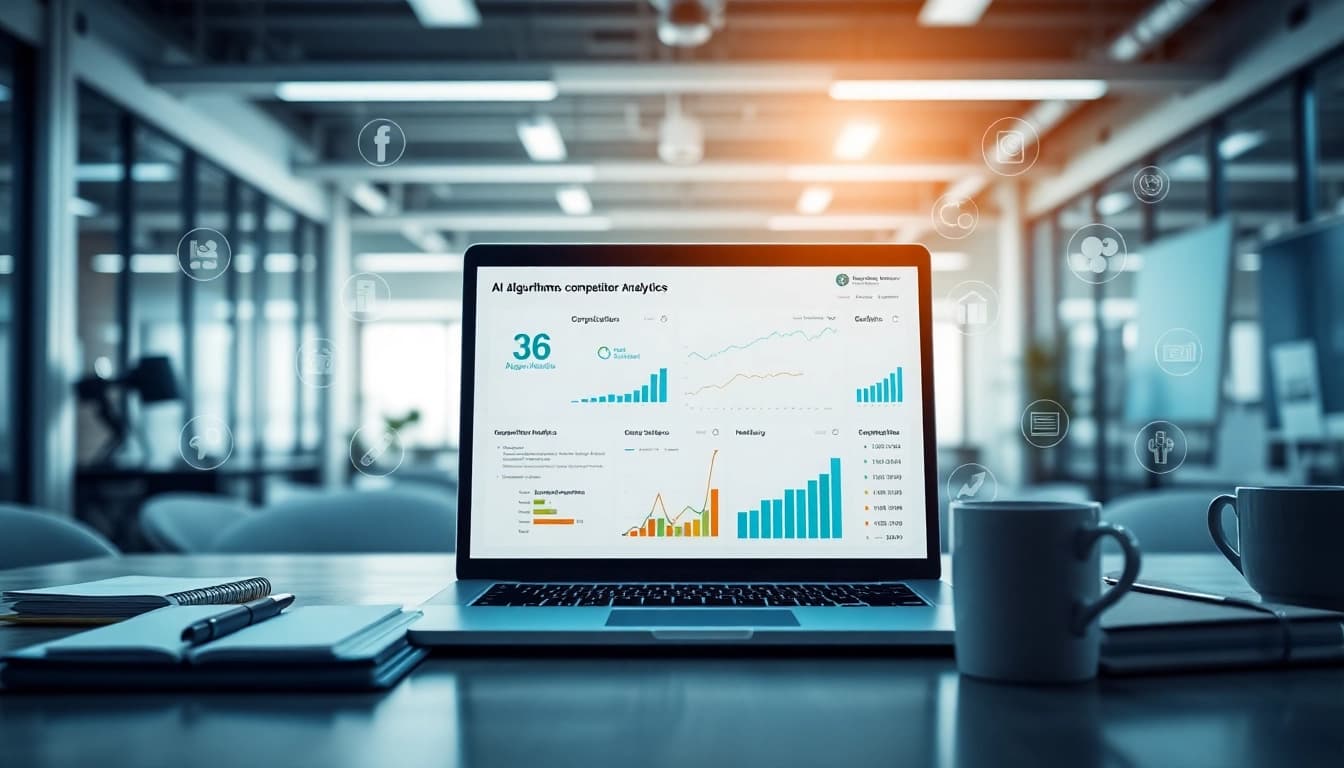 Analyze competitor performance with AI for competitor analysis tools displayed on a laptop.