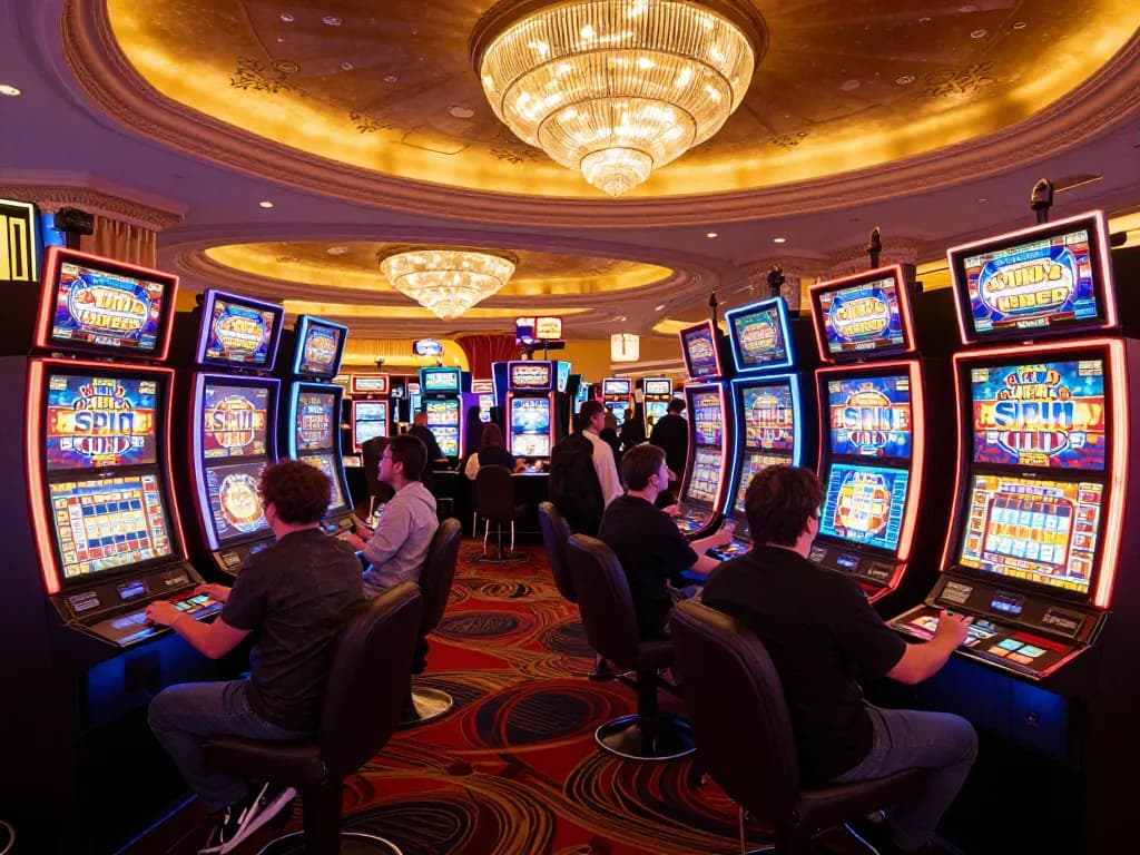 Players enjoying vibrant slot gacor machines in an engaging Las Vegas casino floor, excitement evident.