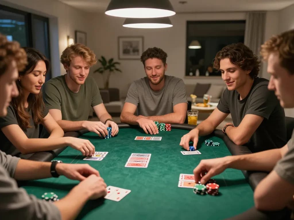 Players engaging in a friendly poker game at home, showcasing strategic gameplay and camaraderie at BL555.