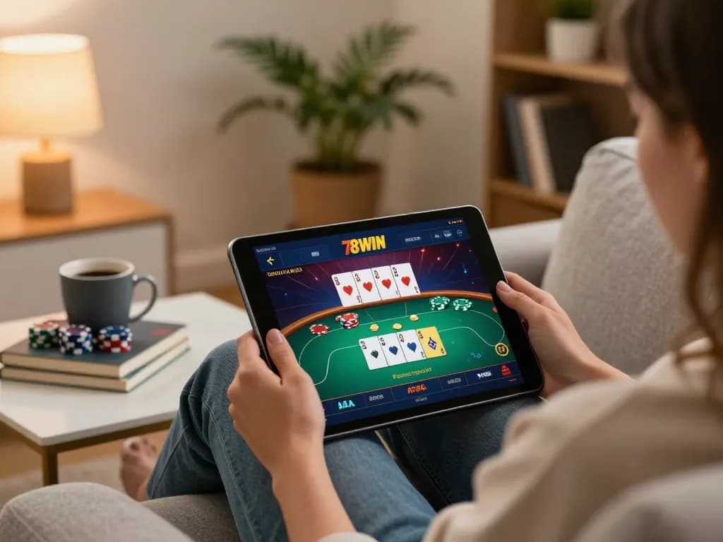 Engaging poker gameplay on 78WIN online casino interface while relaxing at home.