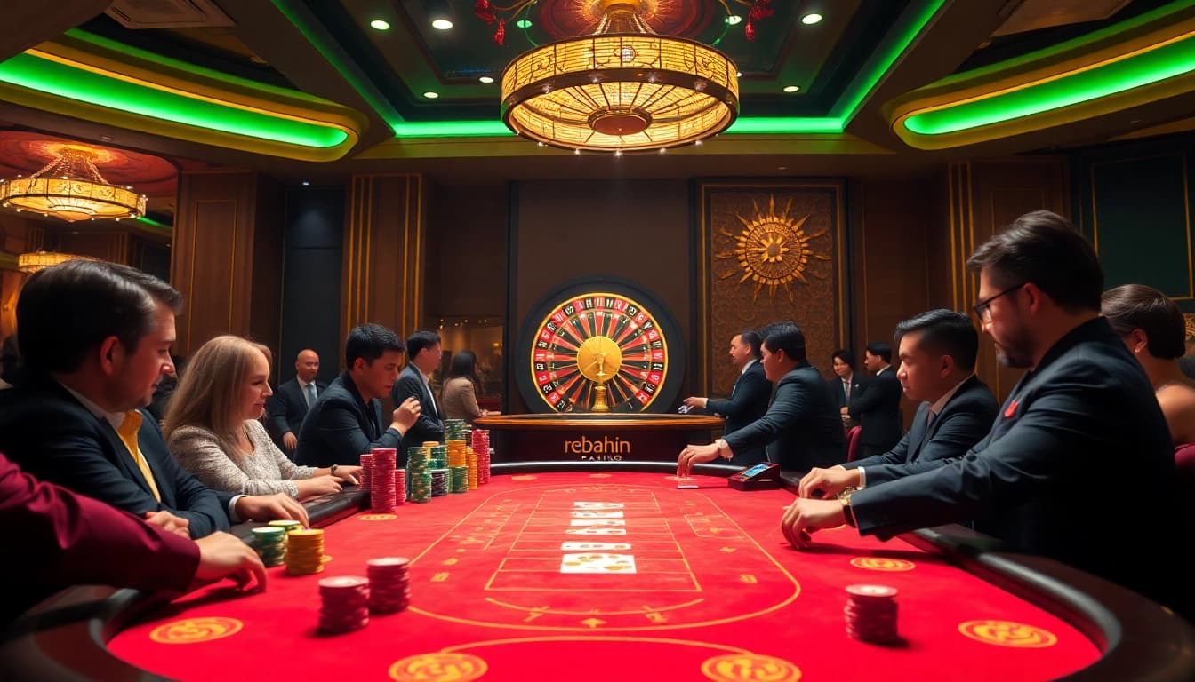 Players engaging in a high-stakes poker game at a vibrant casino table featuring rebahin themed decor.
